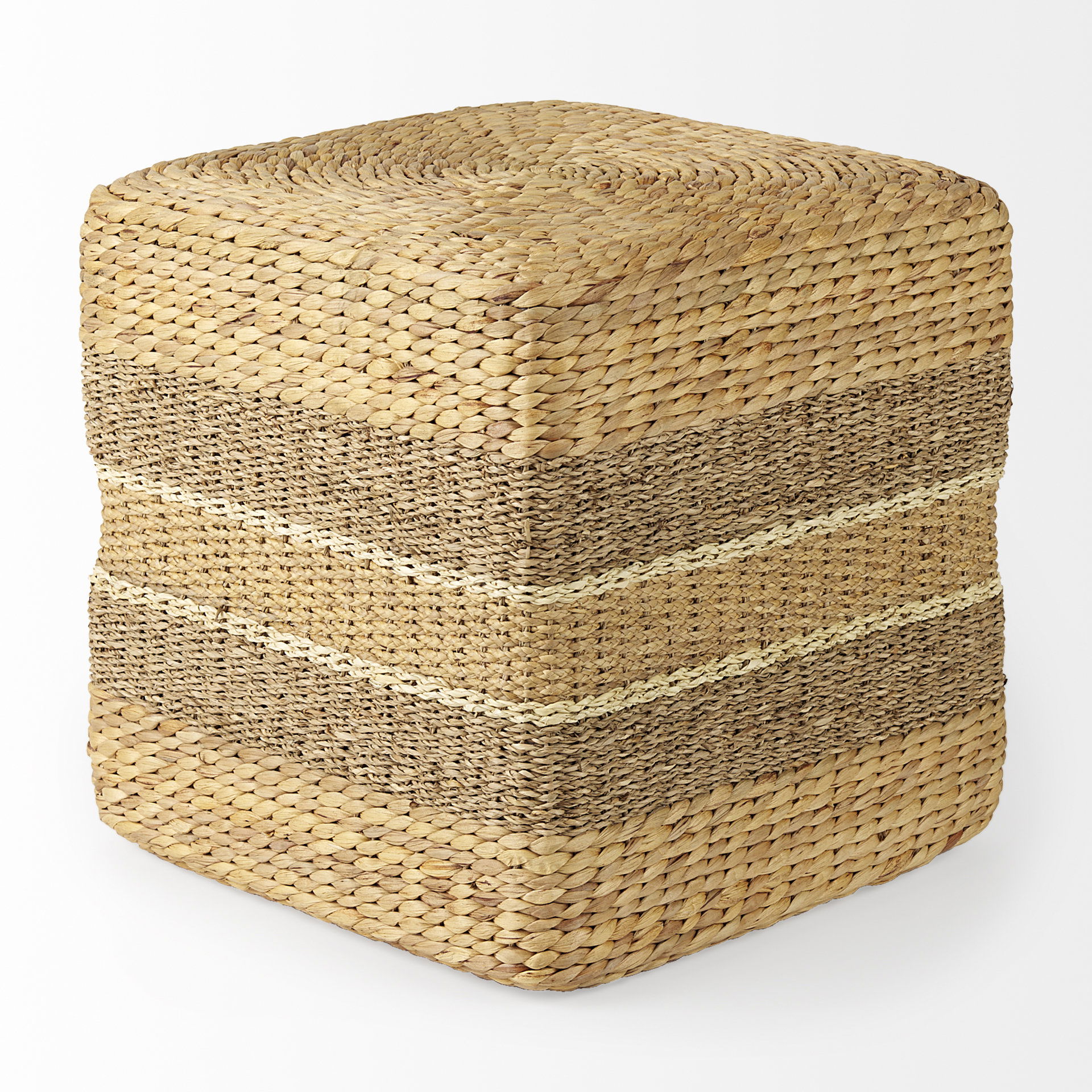 Maya  Light Brown with Medium Brown Stripes Seagrass Square Pouf, Ottoman by Mercana, 17.72" length x 17.72" width x 17.72" height View 4