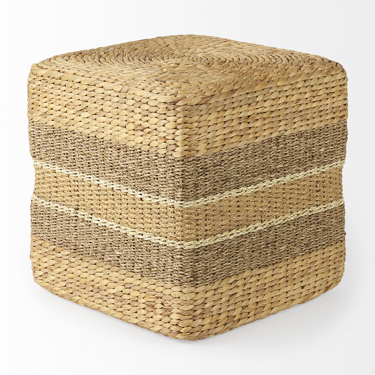 Maya  Light Brown with Medium Brown Stripes Seagrass Square Pouf, Ottoman by Mercana, 17.72" length x 17.72" width x 17.72" height View 4