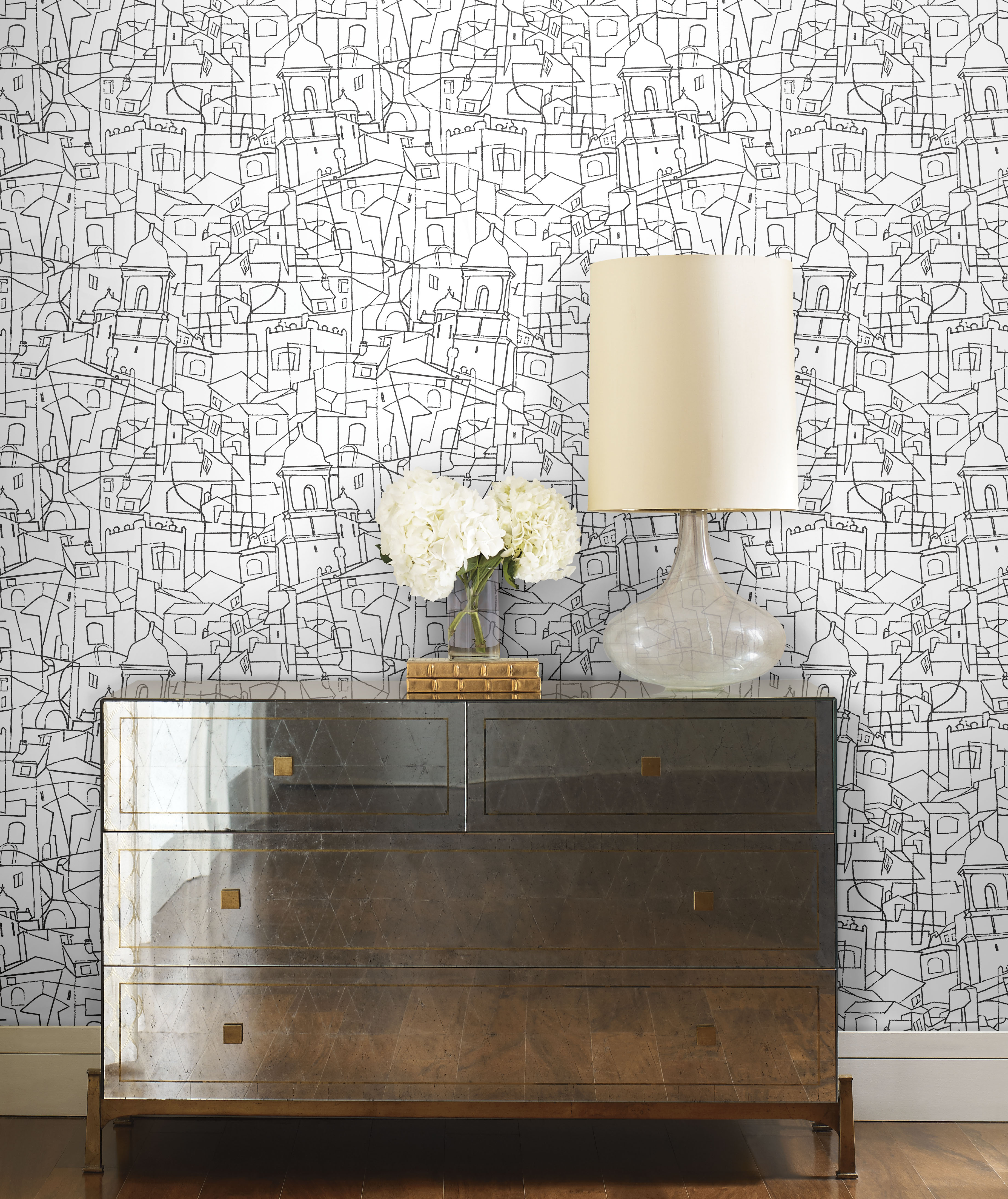 Cubist Cityscape Black Peel & Stick Wallpaper large image 