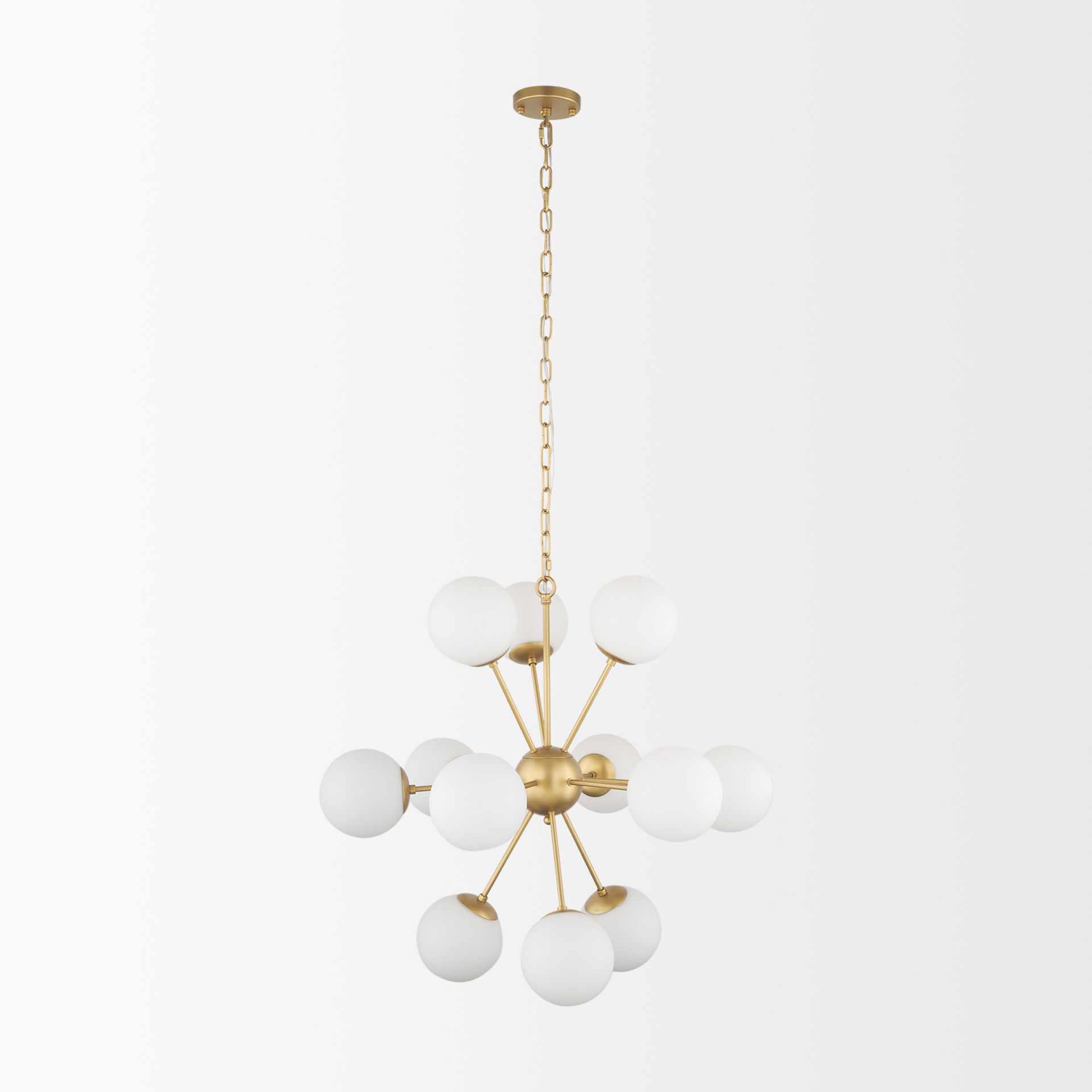 Barbara Brushed Gold Metal with Frosted Glass Globes 11-Light Chandelier, by Mercana, 31.5" length x 31.5" width x 31.5" height View 4