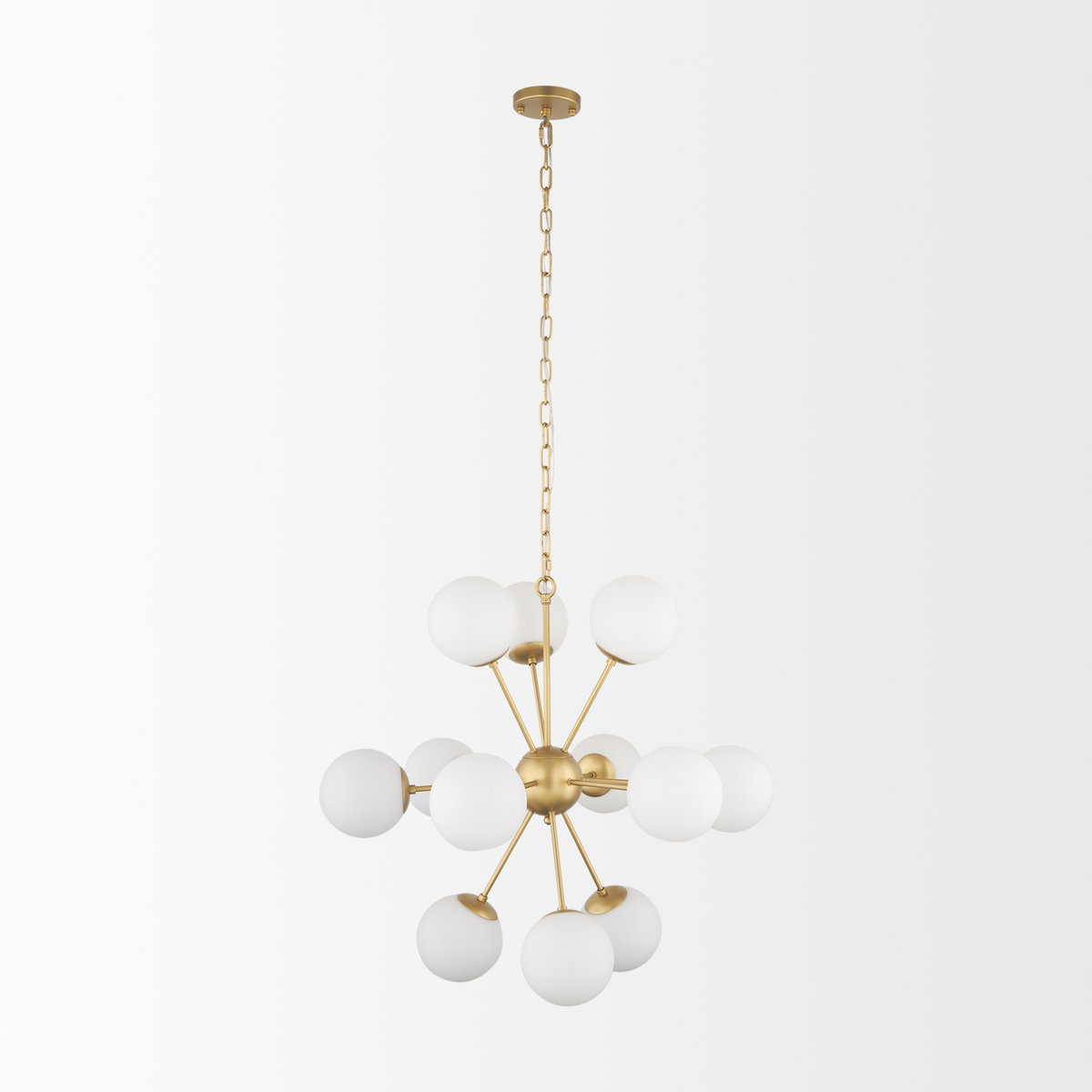 Barbara Brushed Gold Metal with Frosted Glass Globes 11-Light Chandelier, by Mercana, 31.5" length x 31.5" width x 31.5" height View 4