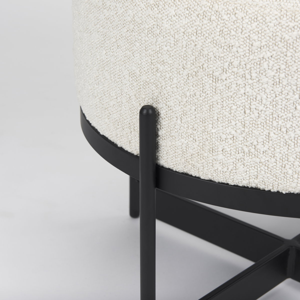 Amelia Cream Boucle with Black Metal Upholstered Pouf, Ottoman by Mercana, 21.26" length x 21.26" width x 19" height View 10