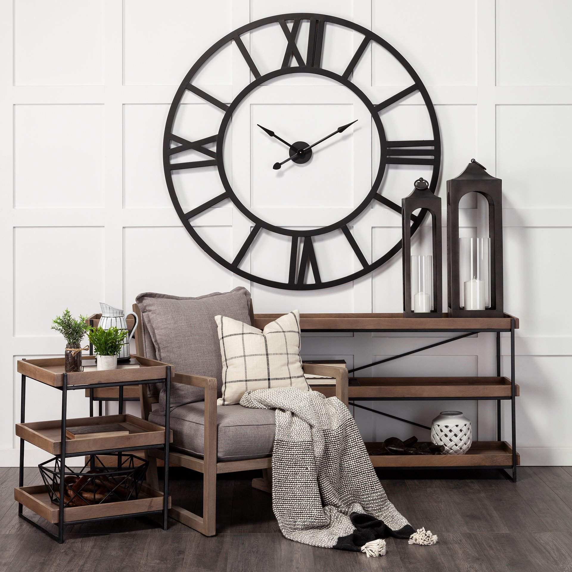 Trey III 20' x 26' Square Medium Brown Wooden Three-Tiered Black Iron Frame End/Side Table, Side & End Table by Mercana, 20" length x 20" width x 26" height View 4