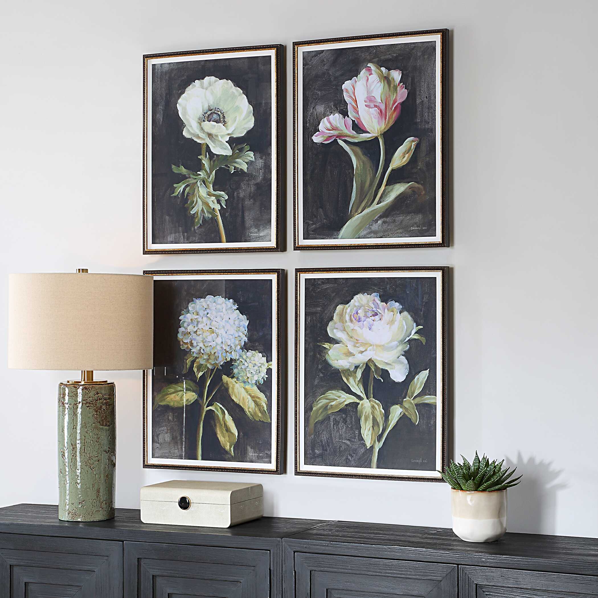 Florals On Black Framed Prints Set/4 large image 