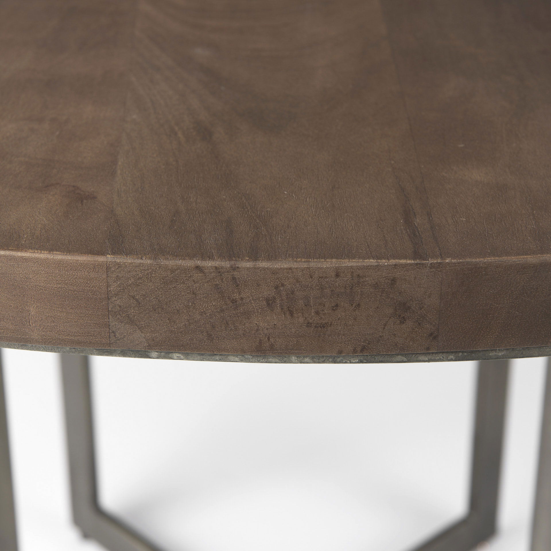 Faye I 48L x 48W x 30H Medium Brown Wood with Antique Nickel Metal Base Round Dining Table large image 