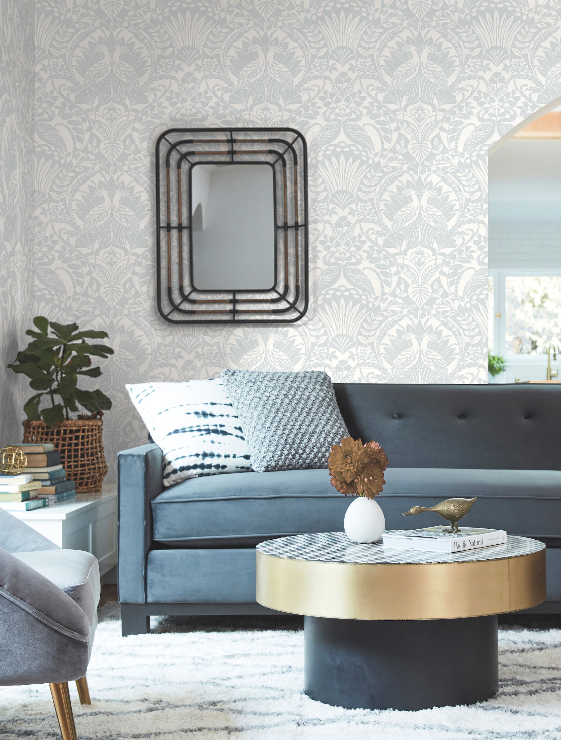 Egret Damask Blue Wallpaper large image 