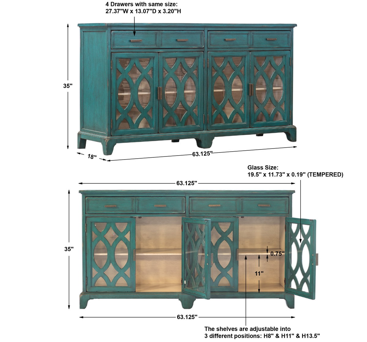 Oksana Wooden Credenza, Sideboards & Buffet by Uttermost, 63.18" width x 35" height x 18" depth View 3