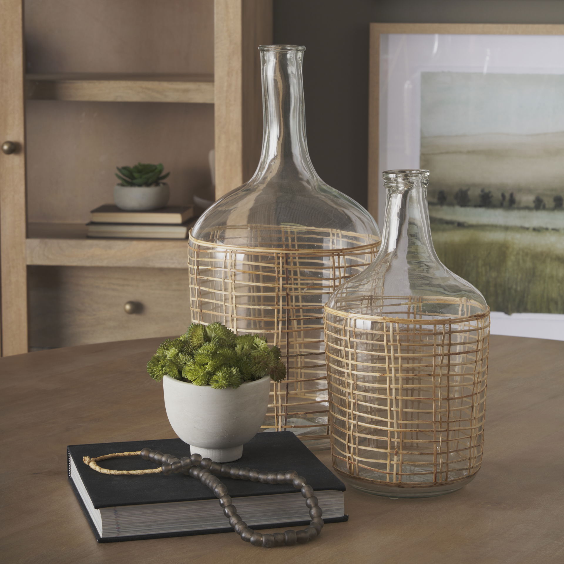 Troian Medium Rattan Wrapped Glass Bottle, Decorative Object by Mercana, 7.5" length x 7.5" width x 14.5" height View 2