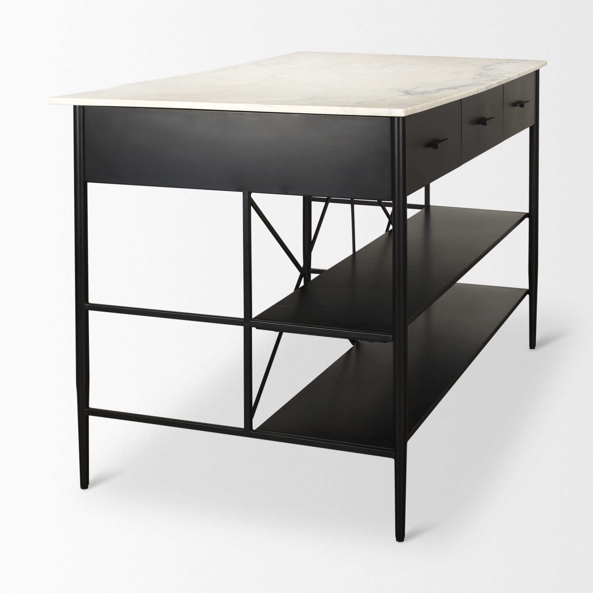 Amika White Marble Top Black Metal Base Kitchen Island, by Mercana, 62" length x 34" width x 36" height View 10