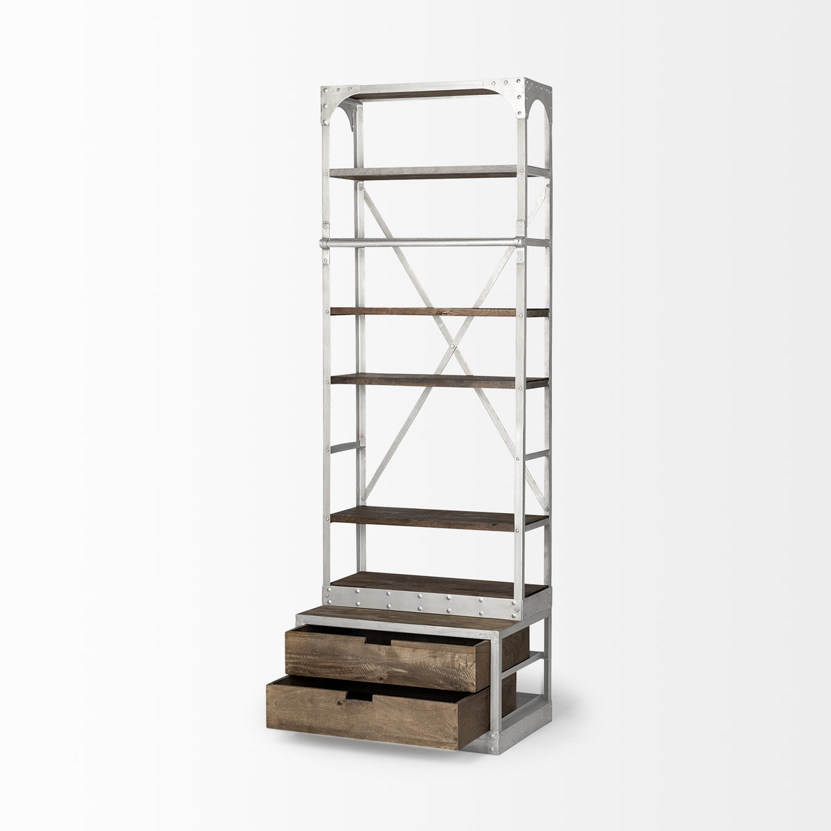 Brodie III 32L x 22W x 94H  Medium Brown Wood Silver Accent Four Shelf Shelving Unit, Shelving & Bookcase by Mercana, 31.5" length x 21.5" width x 94" height View 4