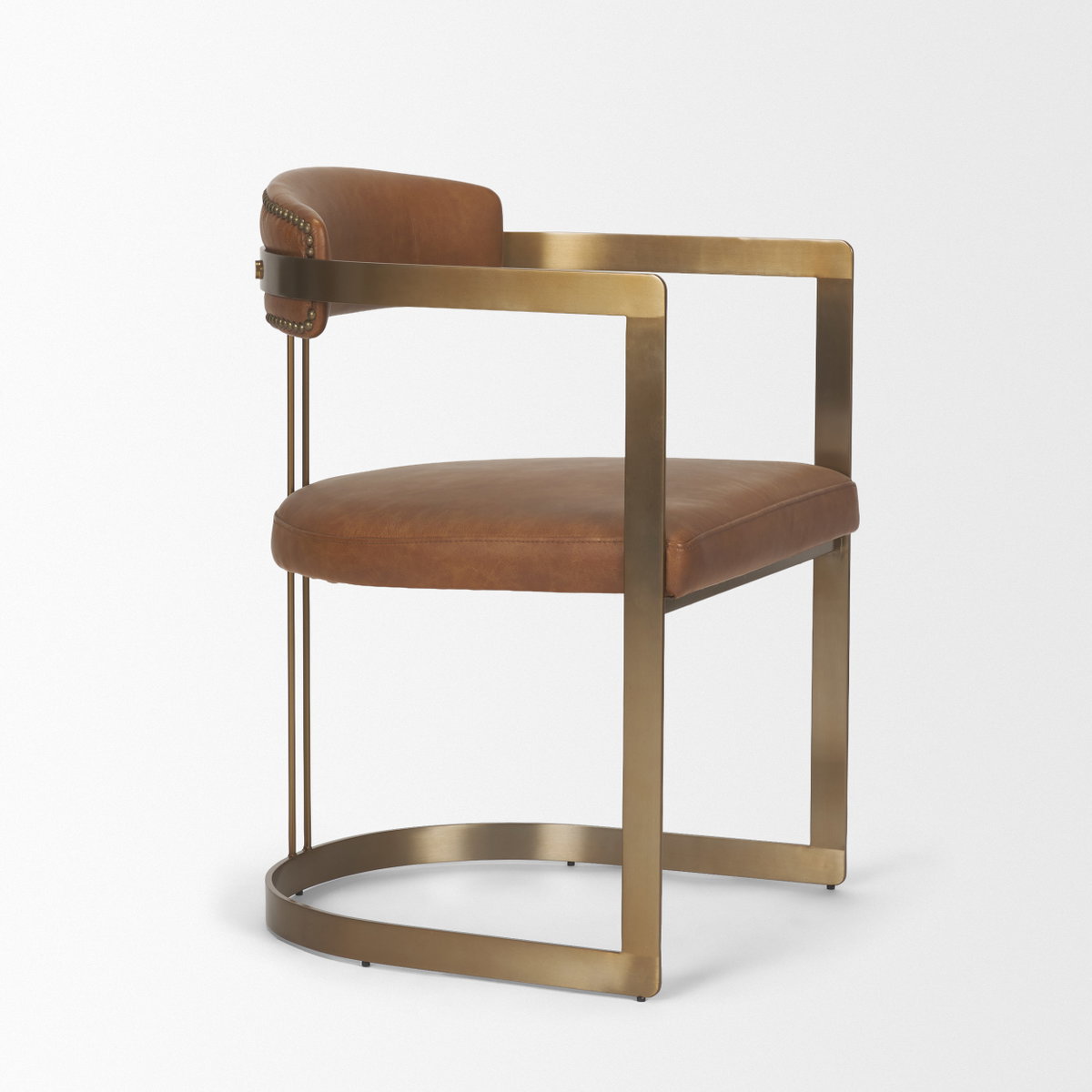 Hollyfield Curved Back Dining Side Chair | Brown Leather with Gold Iron, Dining Chair by Mercana, 20.5" length x 22.5" width x 29.5" height View 10
