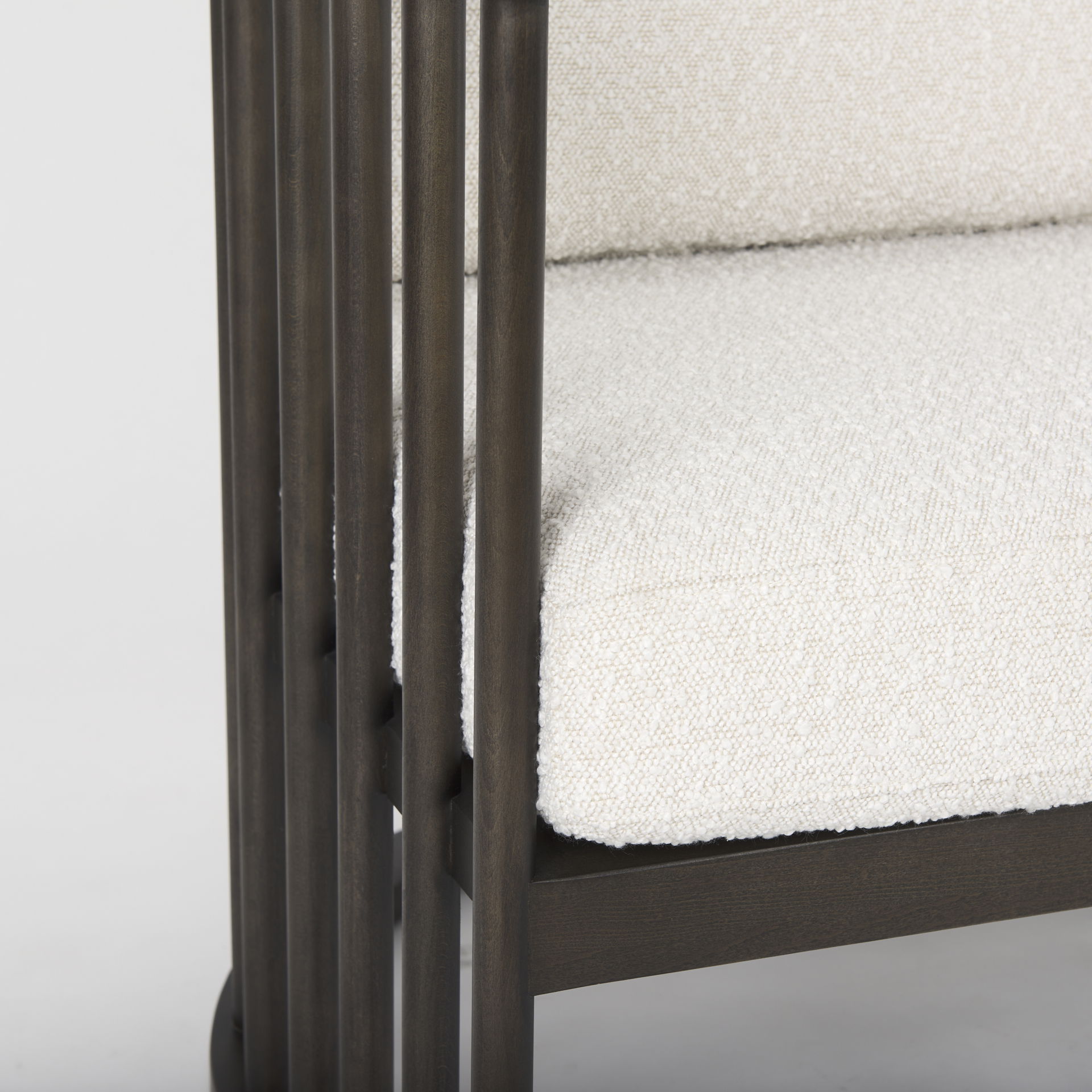 Kopari 30.1L x 30.5W x 37.2H White Boucle Fabric with Dark Brown Wood Accent Chair, by Mercana, 28.35" length x 27.56" width x 33" height View 10