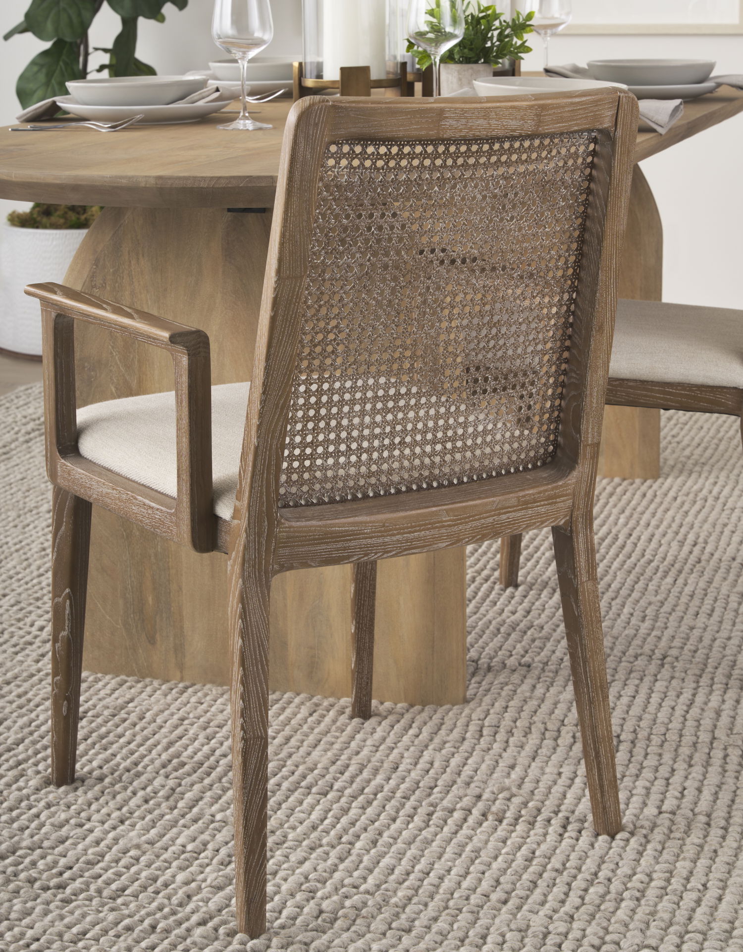 Clara Light Brown Wood with Cream Fabric Seat and Cane Back Dining Chair, by Mercana, 22.5" length x 23.5" width x 33.75" height View 3