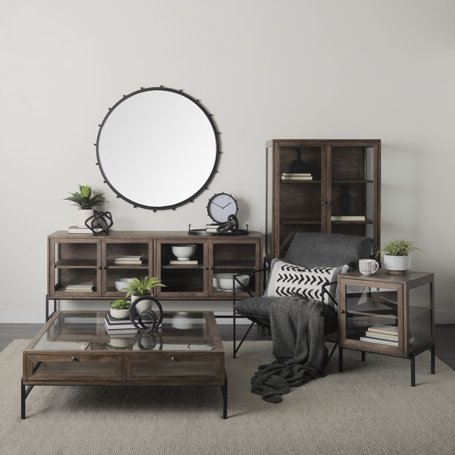 Arelius 36L x 18W x 63H Medium Brown Wood with Black Metal Base Display Cabinet large image 