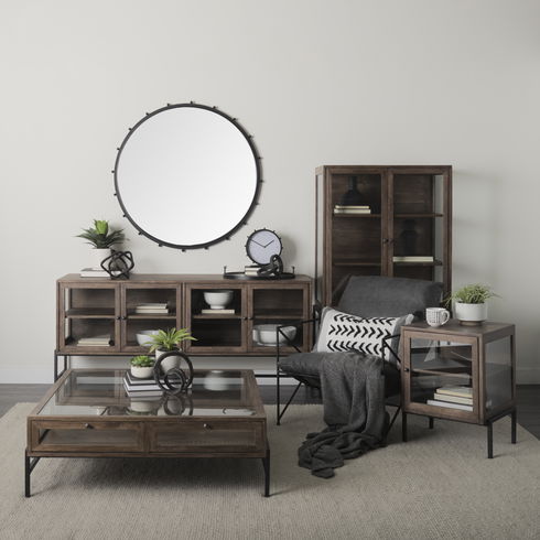 Arelius 36L x 18W x 63H Medium Brown Wood with Black Metal Base Display Cabinet
