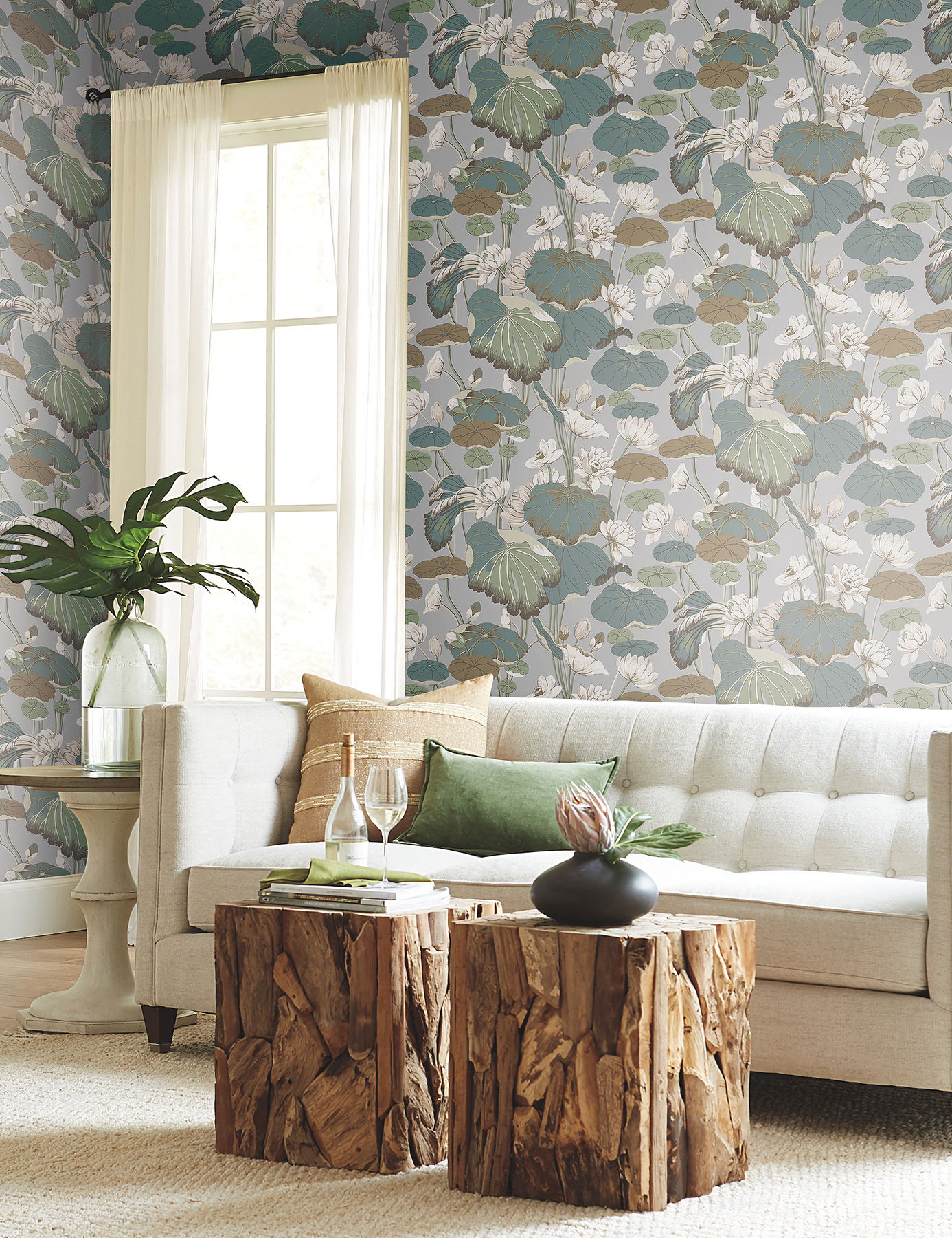 Lotus Pond Grey & Blue Wallpaper large image 