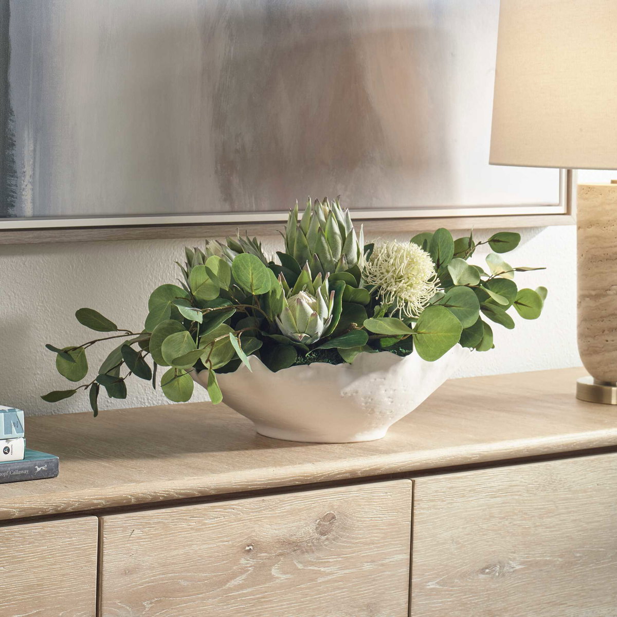 Protea Blooms White Bowl Centerpiece, Artificial Plants & Flower by Uttermost, 24" width x 12" height x 16" depth View 3