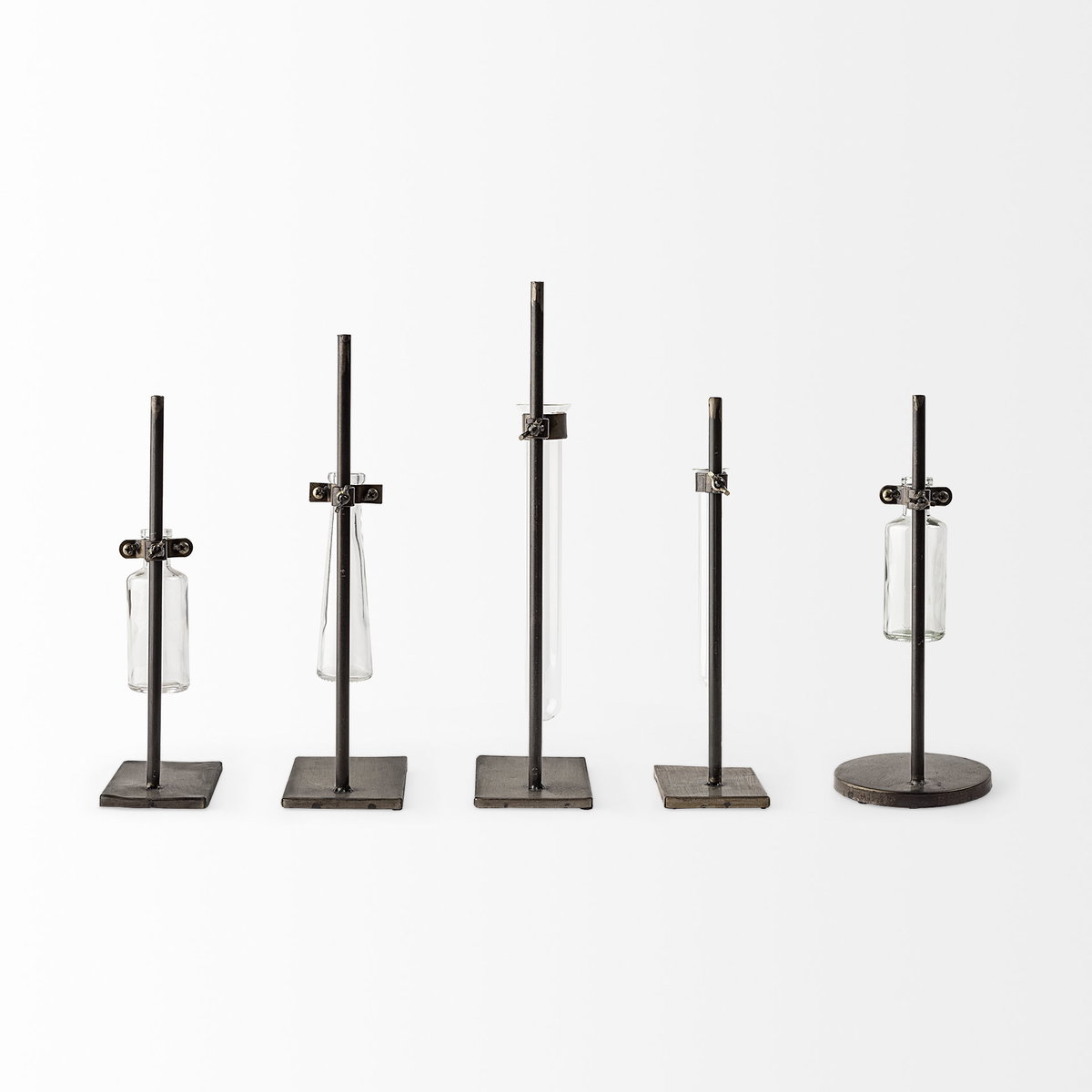 Jarvis Set of Five Dark Brown Metal and Glass Chemistry Inspired Bottles, Vase by Mercana, 5" length x 5.12" width x 12.5" height View 7