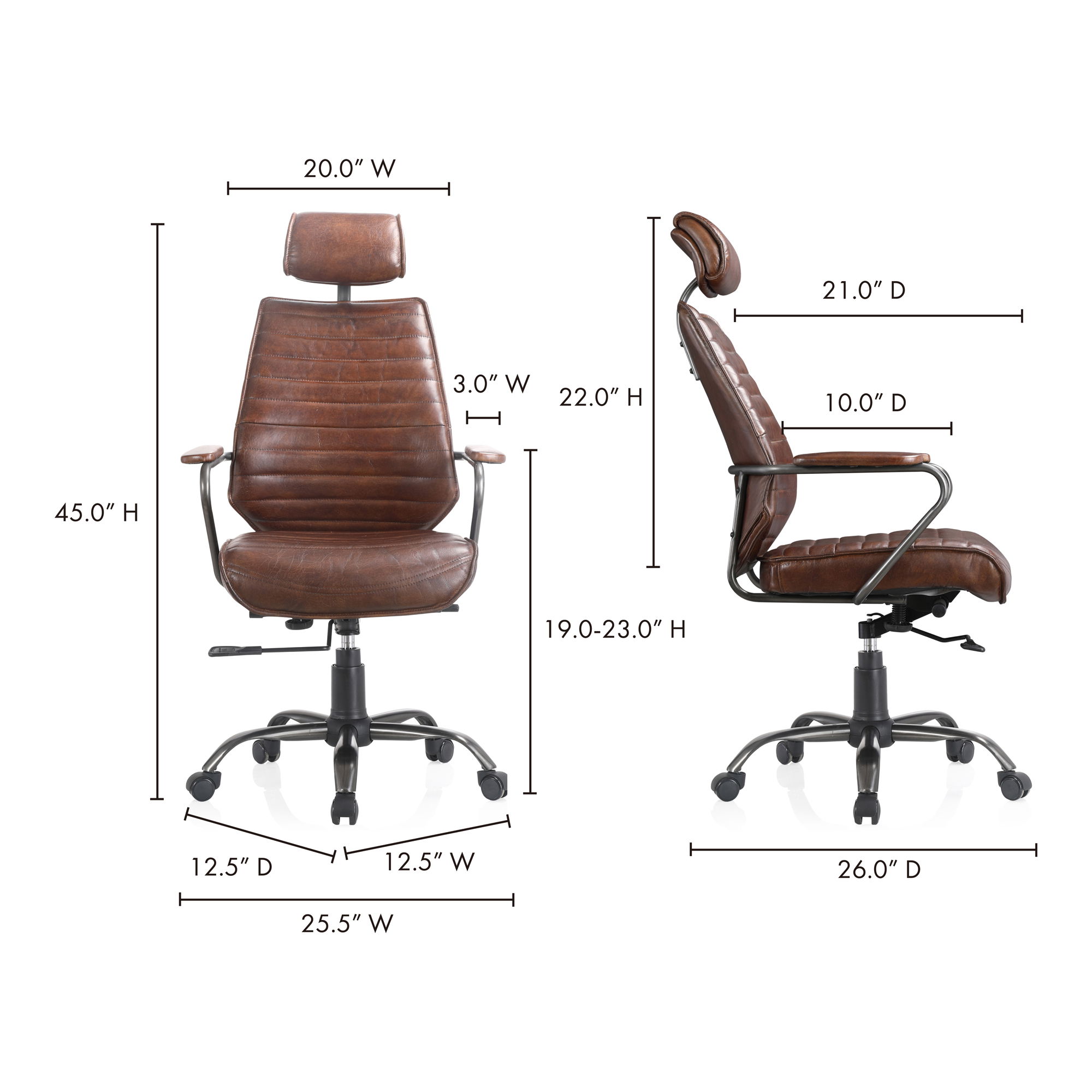 Executive Office Chair Dark Brown Leather, by Moe's Home, 25.5" width x 45" height x 26" depth View 10