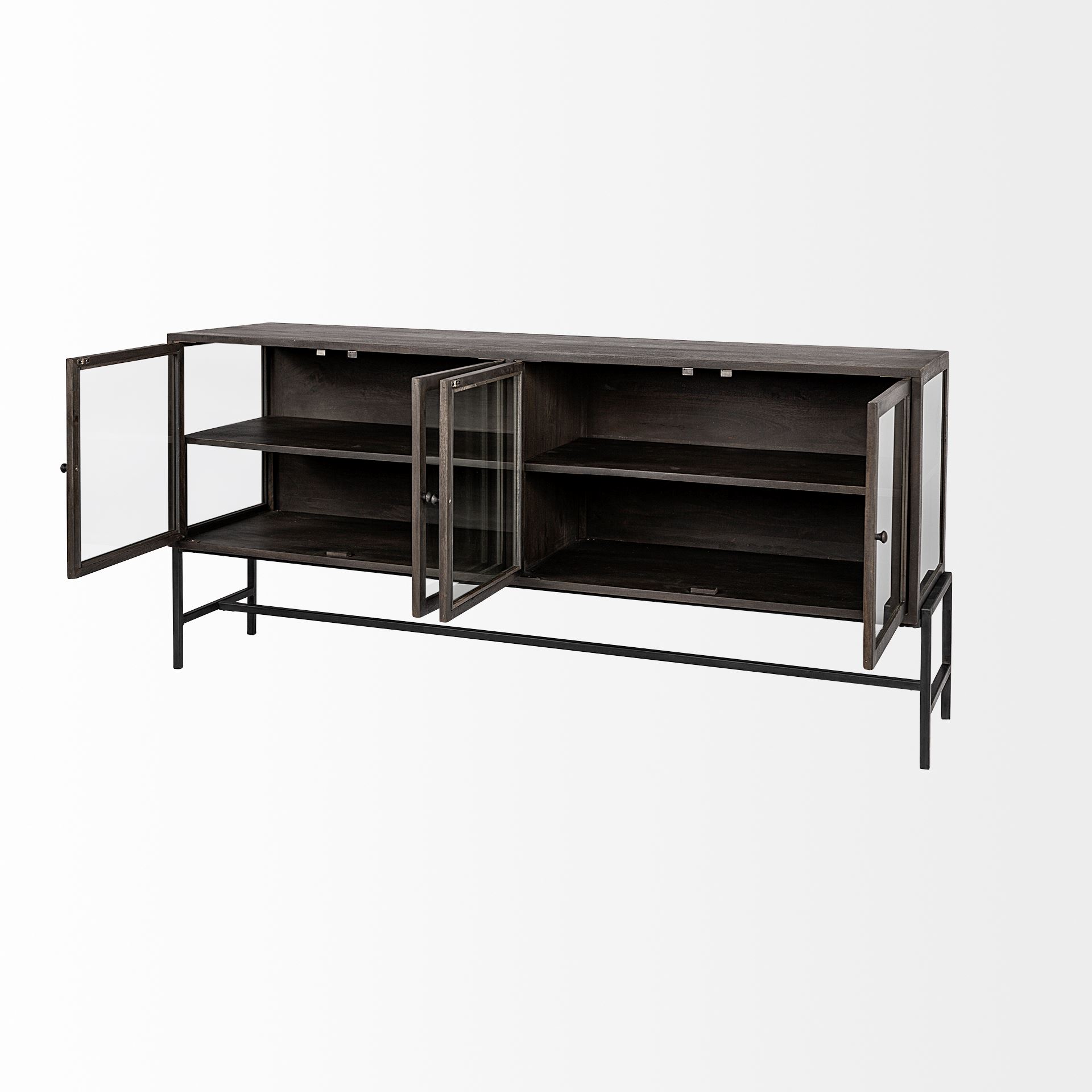 Arelius 70L x 18.75W x 32H Black-Brown Wood, Black Metal Base with 4 Glass Cabinet Doors Sideboard, Sideboards & Buffet by Mercana, 70" length x 18.75" width x 32" height View 6