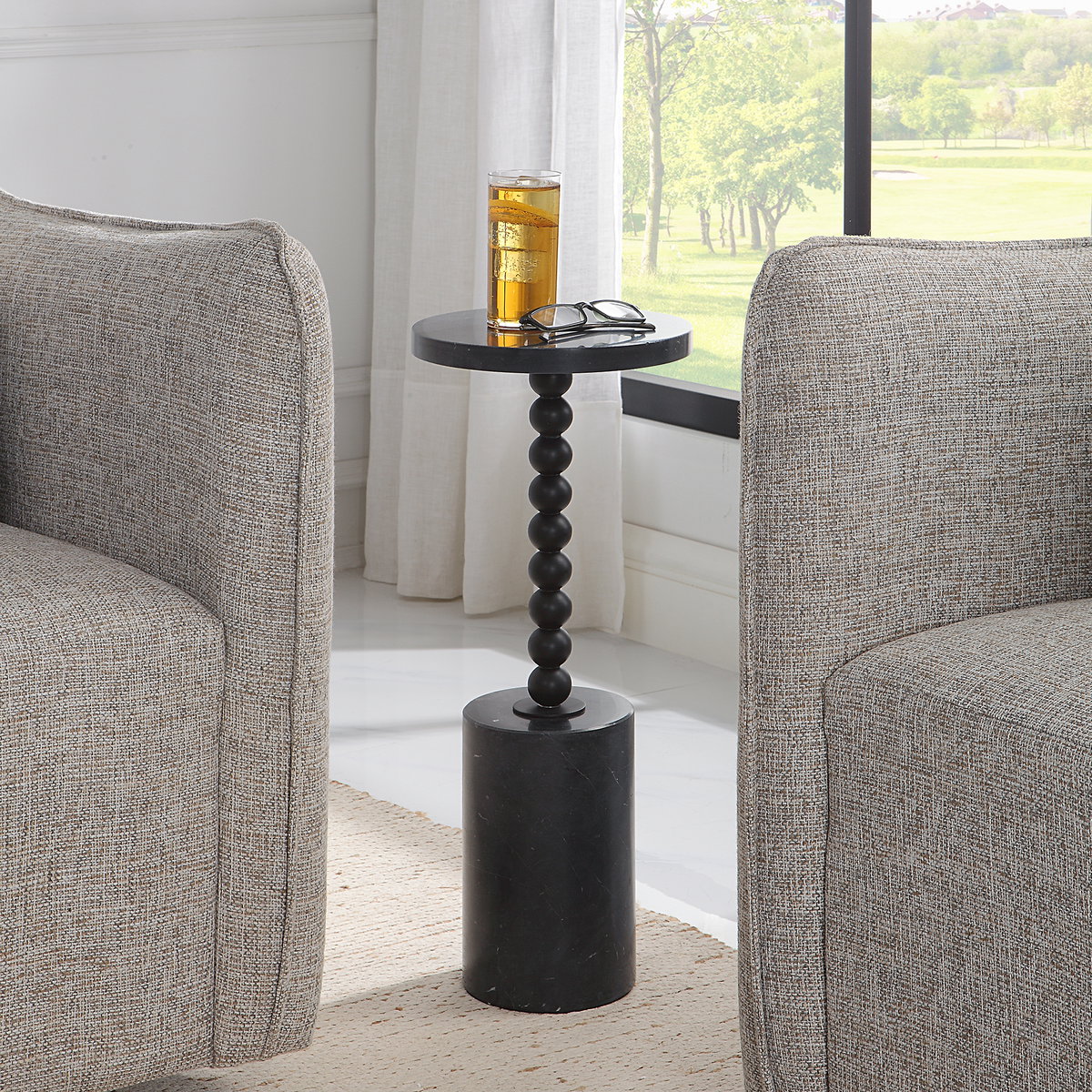 Bead Black Marble Drink Table, Side & End Table by Uttermost, 10" width x 24" height x 10" depth View 2