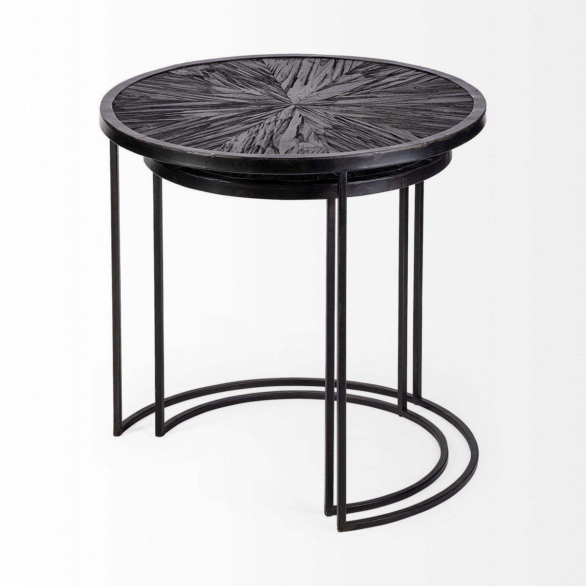 Chakra 19.7' Set of Two Round Dark Wood Top Black Frame Accent Tables, Side & End Table by Mercana, 19.69" length x 19.69" width x 19.69" height View 6