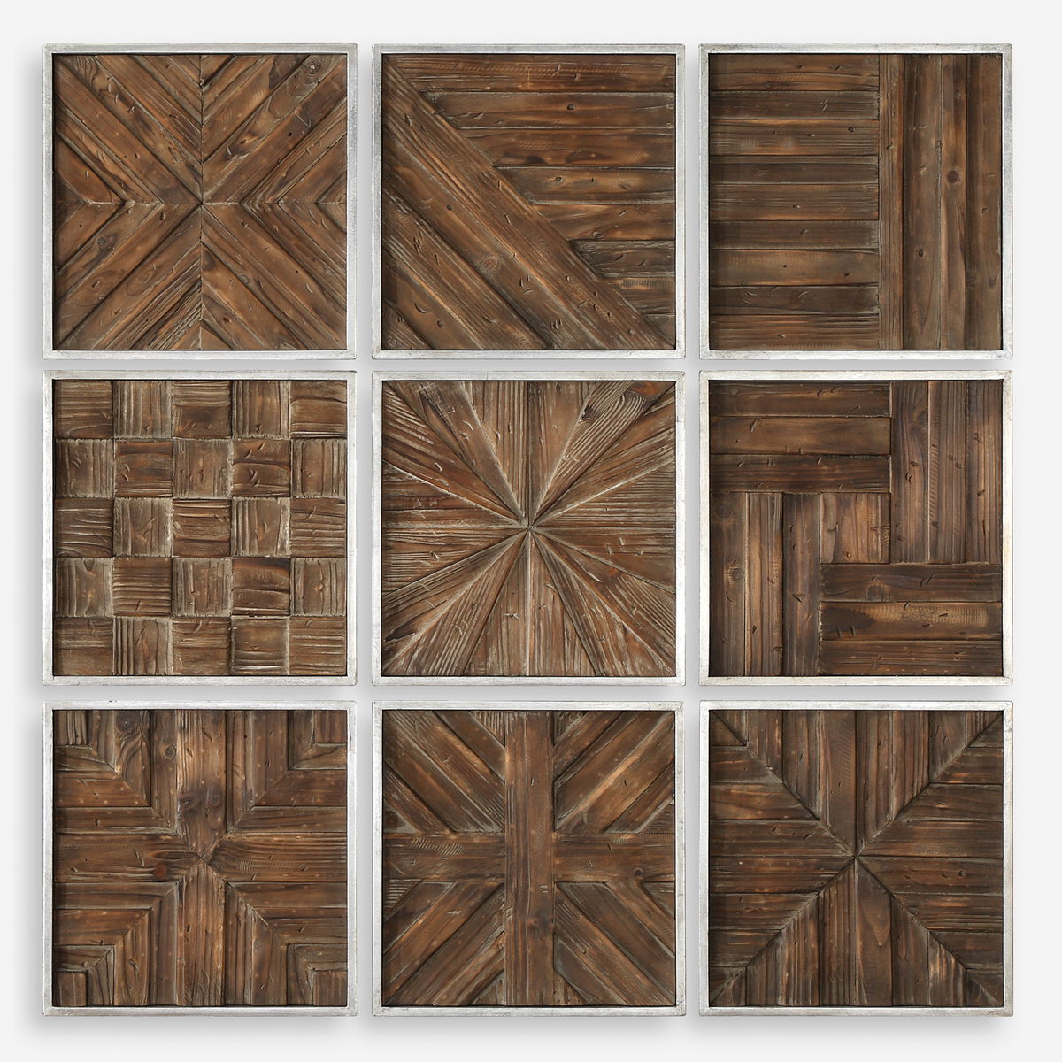 Bryndle Rustic Wooden Squares Set/9, Sculptural Wall Art by Uttermost, 12.5" width x 12.5" height x 1.25" depth View 1