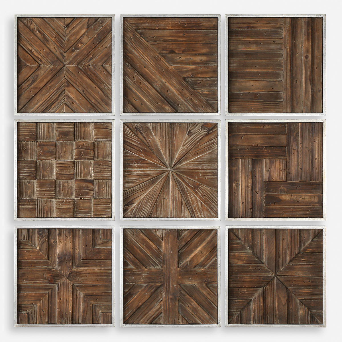 Bryndle Rustic Wooden Squares Set/9, Sculptural Wall Art by Uttermost, 12.5" width x 12.5" height x 1.25" depth View 1