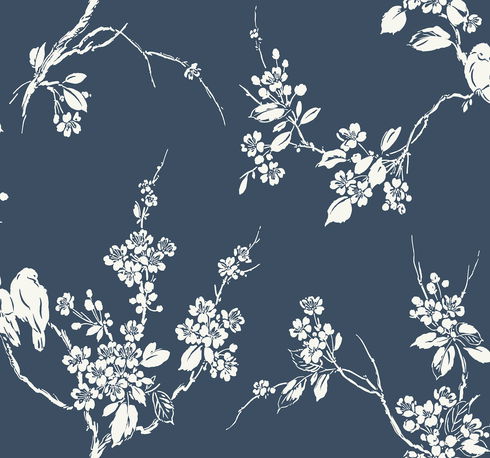 Imperial Blossoms Branch Navy Wallpaper