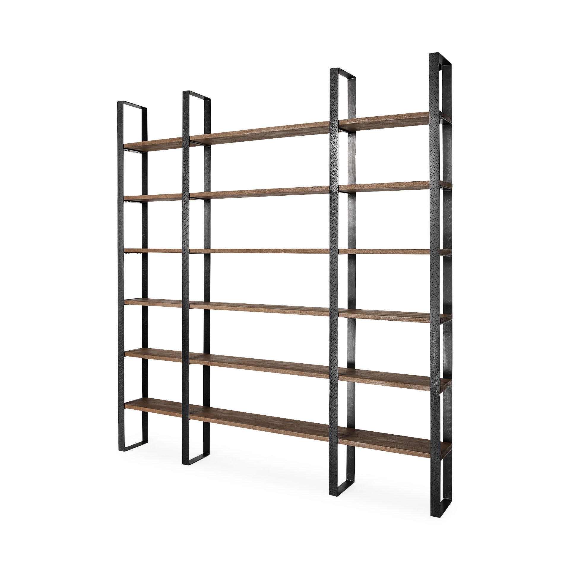 Taunton II 80L x 10.5W x 90H Dark Brown Wood And Black Iron Six Shelving Unit, Shelving & Bookcase by Mercana, 80" length x 10.5" width x 90" height View 1