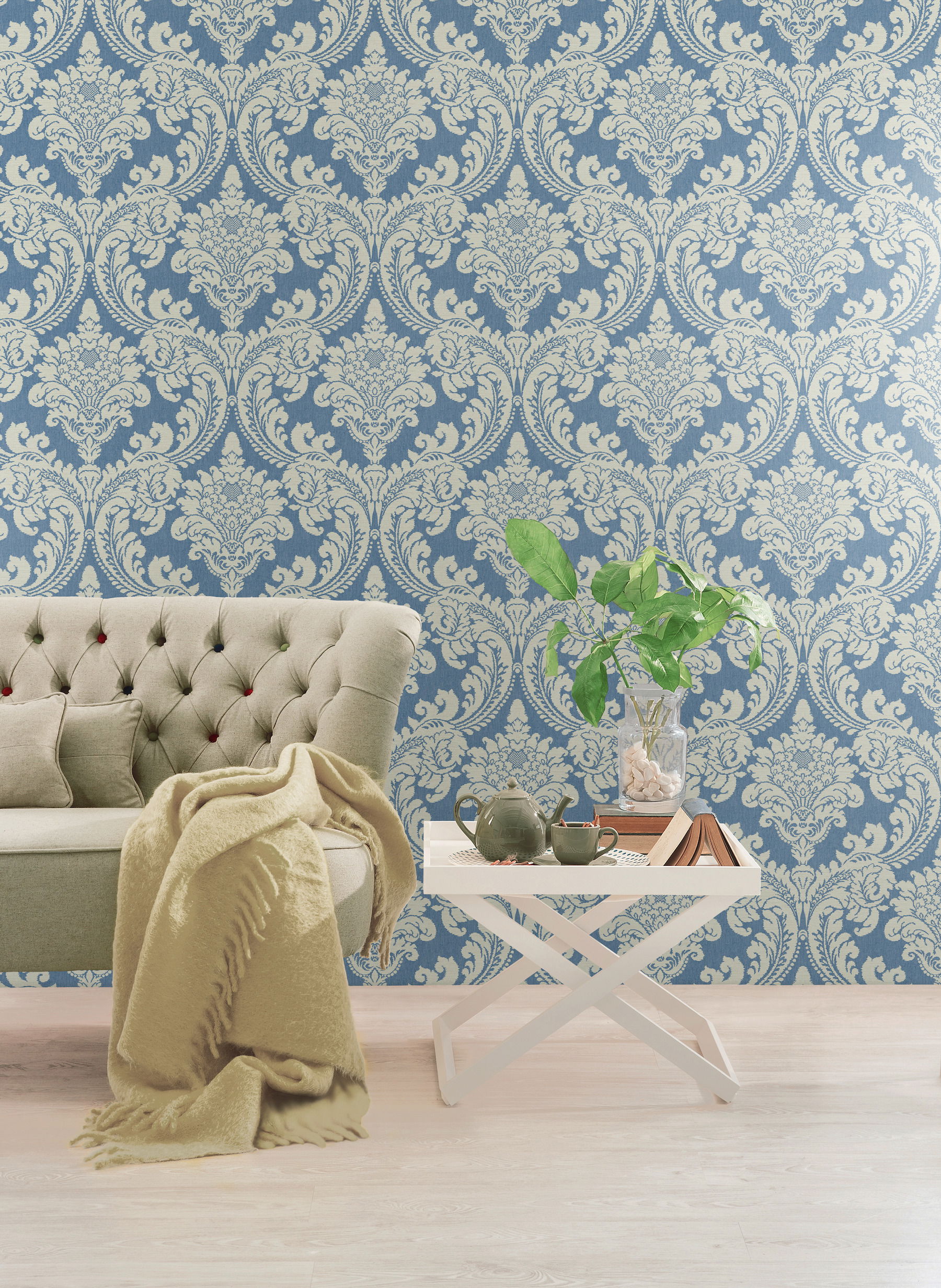 Tapestry Damask Blue Wallpaper, by York Wall, 27' length x 2'3" width x 0.02" depth View 3