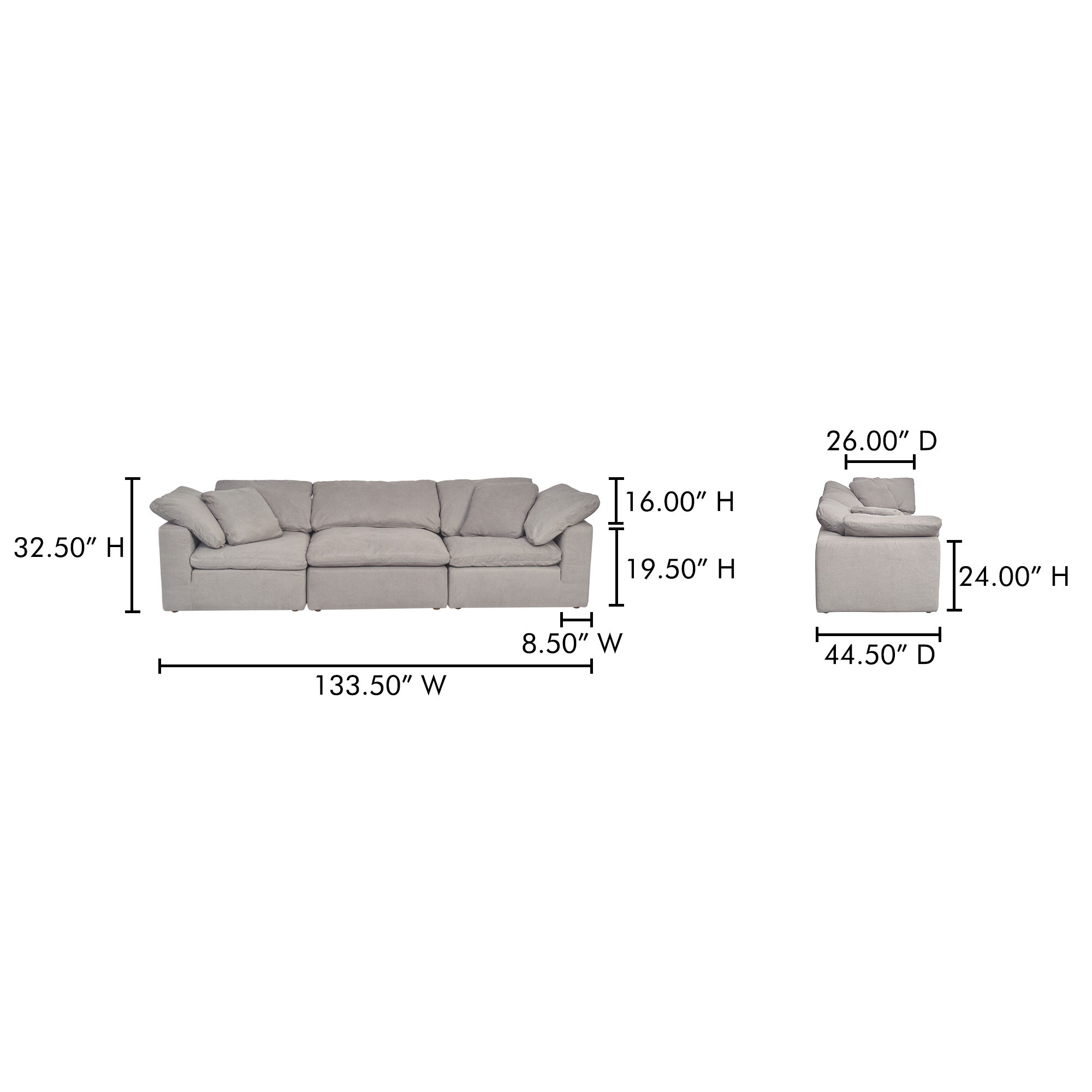 Clay Modular Sofa Light Grey, Sectional Sofa by Moe's Home, 133.5" width x 32.5" height x 44.5" depth View 7