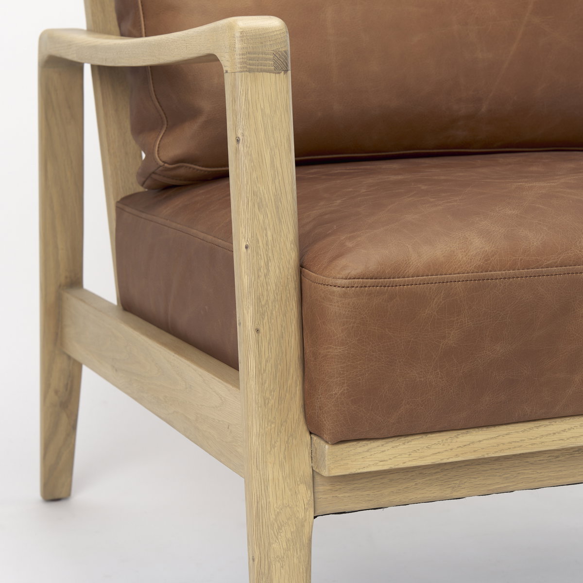 Raeleigh  Cognac Leather with Light Brown Wood Frame Accent Chair, by Mercana, 27.95" length x 34.06" width x 34.45" height View 11