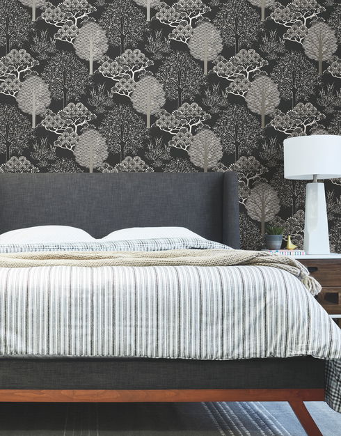 Kimono Trees Black Metallic Wallpaper