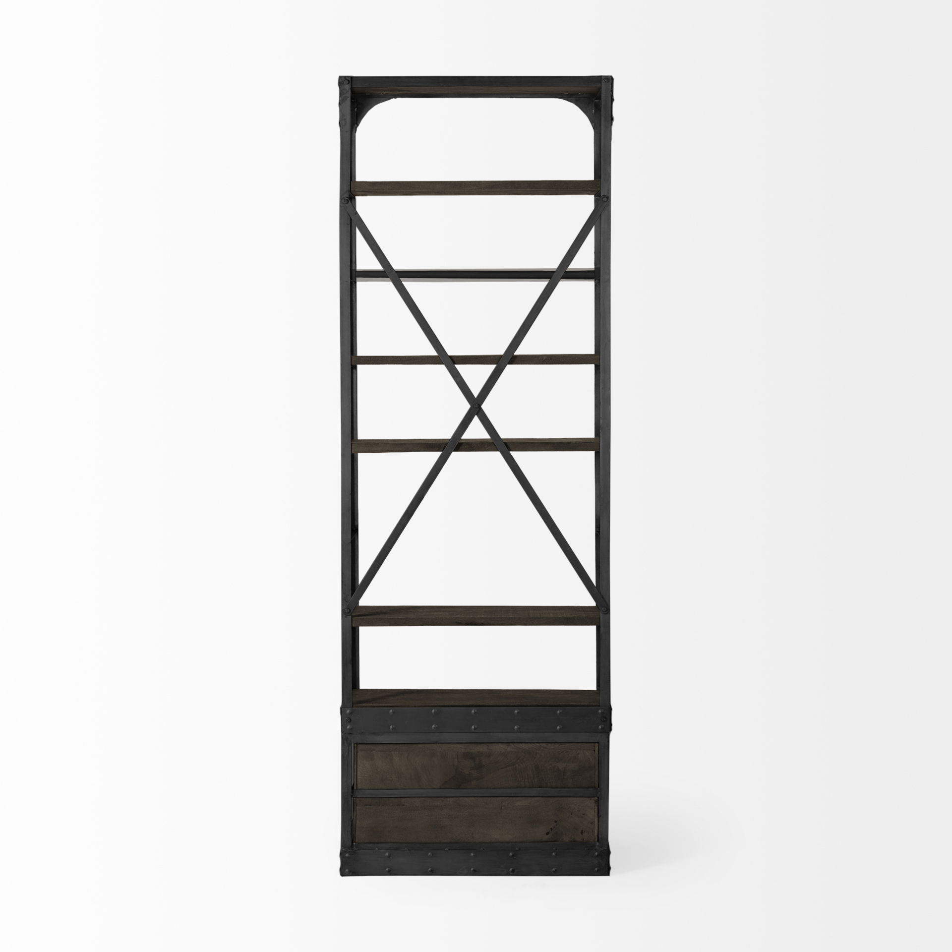 Brodie VII 32L x 22W x 94H Brown Wood Gun-Metal Bracing Four Shelf Shelving Unit large image 