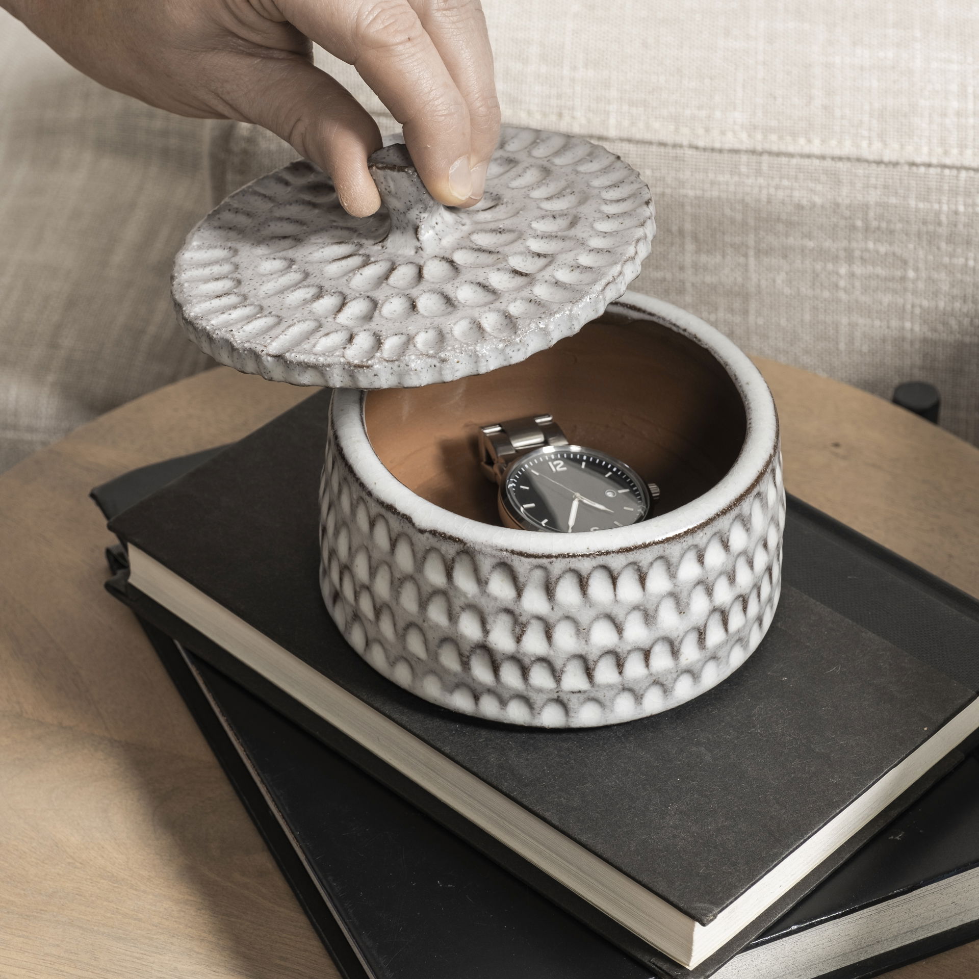 Azul (Small) 5L x 5W Gray Ceramic Detailed Decorative Box, Boxe by Mercana, 4.92" length x 4.92" width x 4.13" height View 5