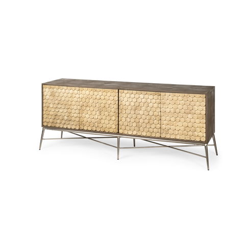Swordfish 72L x 19W  x 30.25H Two-Tone Brown Wood Cabinet Silver Metal Base 4 Cabinet Door Sideboard
