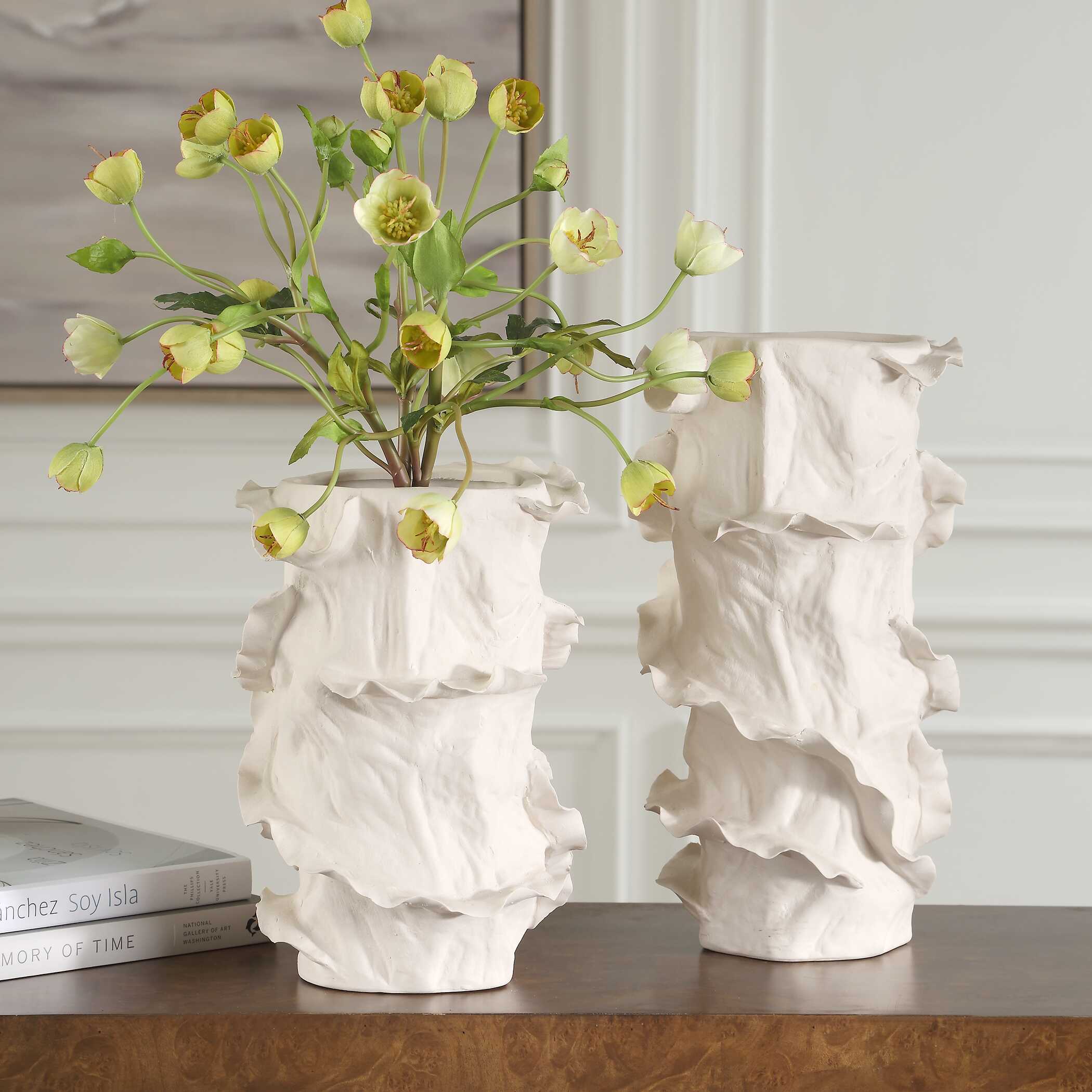 Ripple Crest White Vases Set/2, Decorative by Uttermost, 8" width x 14" height x 6" depth View 2