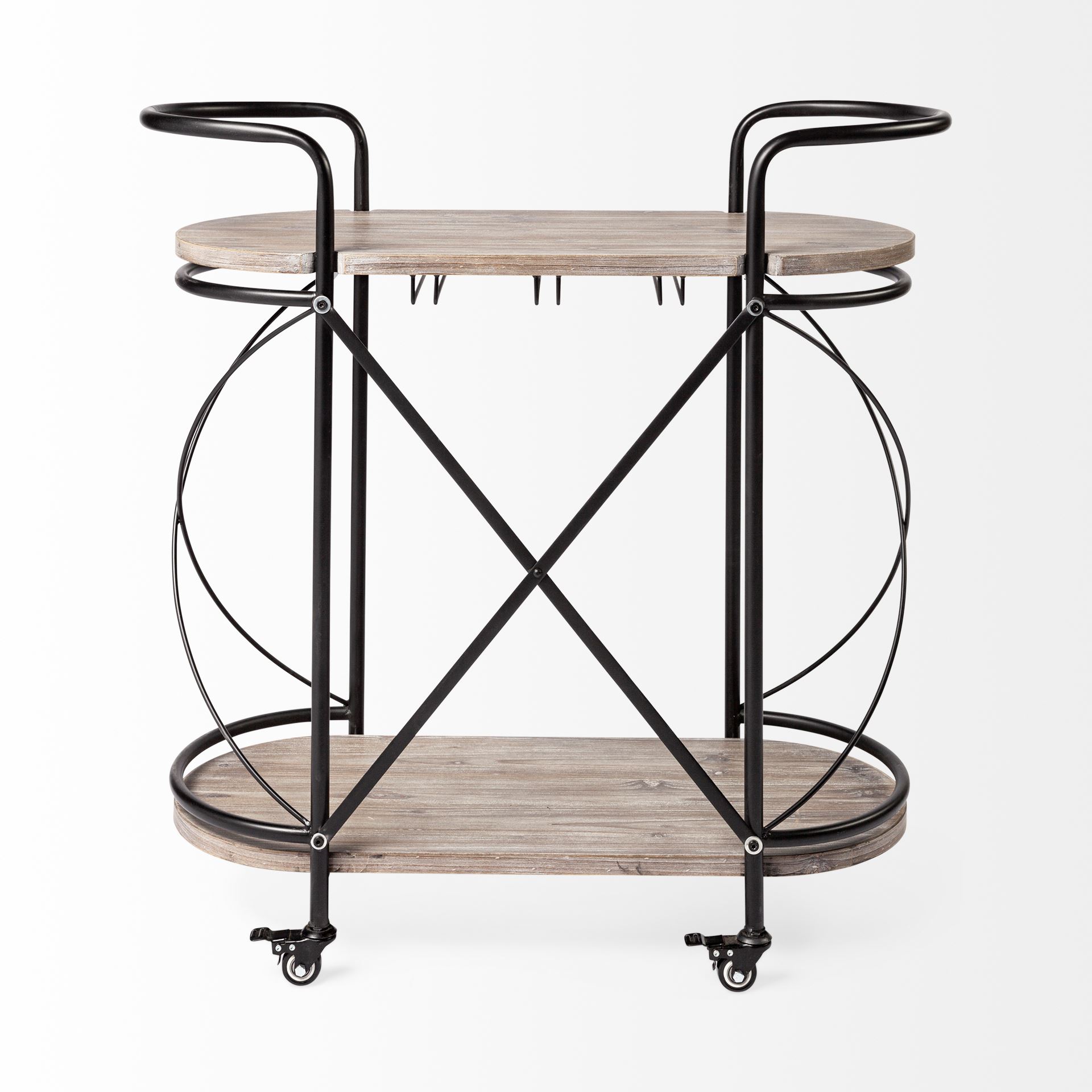 Marlon Black Metal Frame Two Tier Shelves with Stemware holder Bar Cart, Bar Carts & Cabinet by Mercana, 34.65" length x 15.35" width x 34.25" height View 6