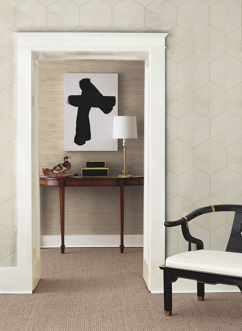Hexagram Wood Veneer Ivory Wallpaper