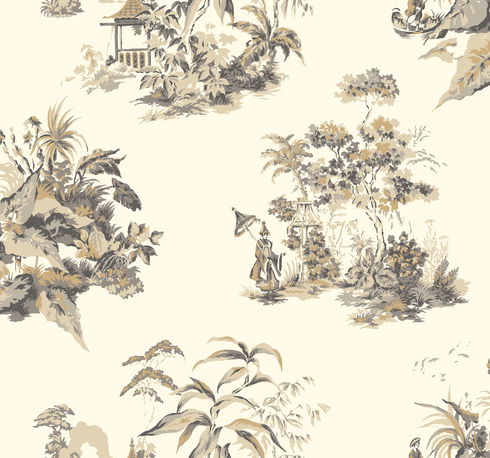 Oriental Scenic  Gold & Grey Metallic Wallpaper