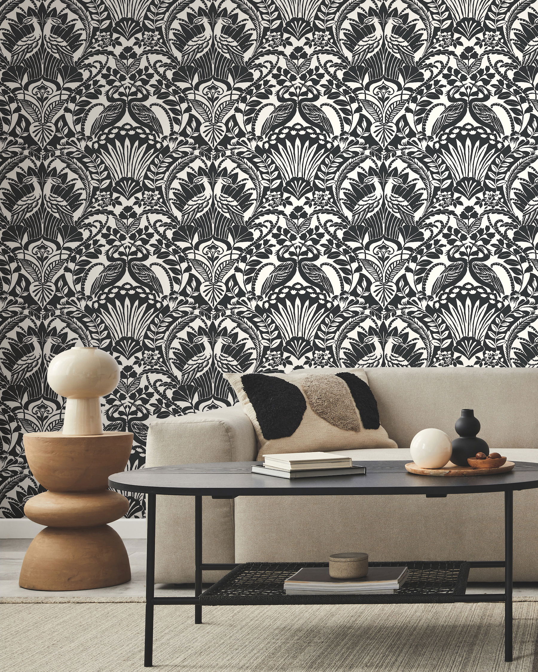Egret Damask Black & White Wallpaper large image 