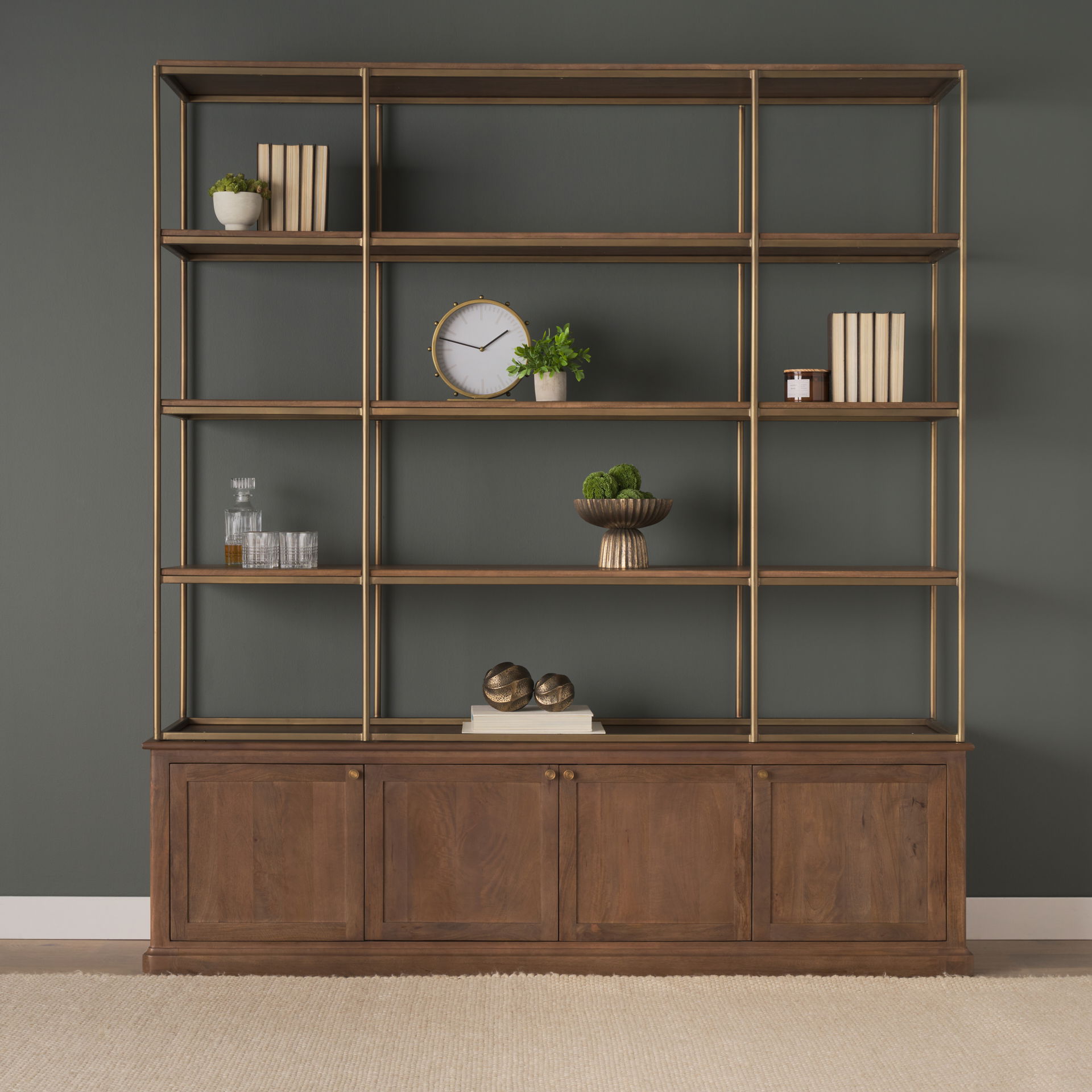 Baron 4-Door Dark Brown Wood with Antique Brass Metal Open Shelving Unit, Shelving & Bookcase by Mercana, 81.75" length x 19" width x 90" height View 2
