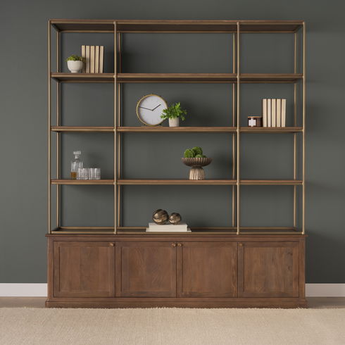Baron 4-Door Dark Brown Wood with Antique Brass Metal Open Shelving Unit