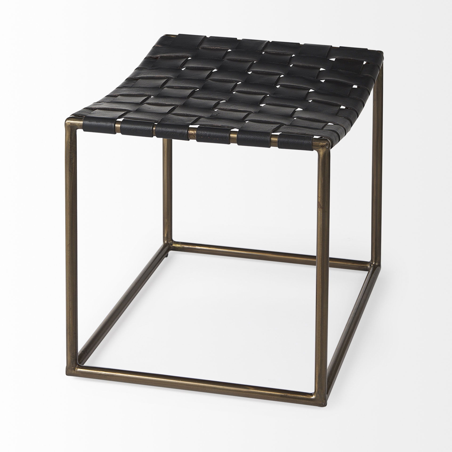 Clarissa 22.0L x 16.0W x 16.75H Black Leather Woven Seat with Gold Metal Frame Stool large image 