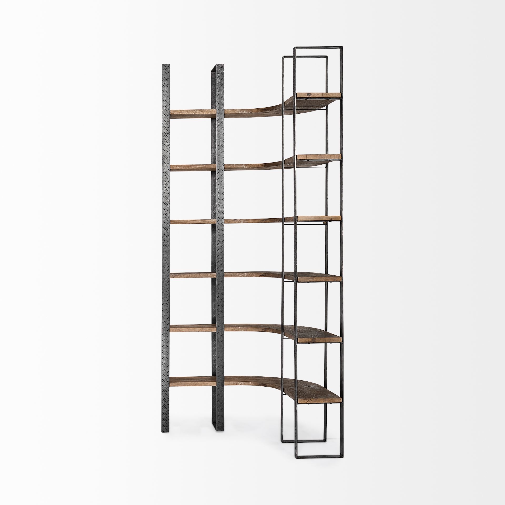 Turner II 37L x 10.5W x 90H Curved Dark Brown Wood And Black Iron Six Shelving Unit, Shelving & Bookcase by Mercana, 36.5" length x 36.5" width x 90" height View 5