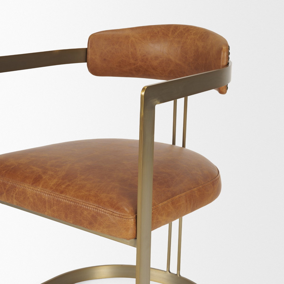 Hollyfield I Brown Leather Seat Gold Iron Frame Dining Chair, by Mercana, 20.5" length x 21.5" width x 29.5" height View 13