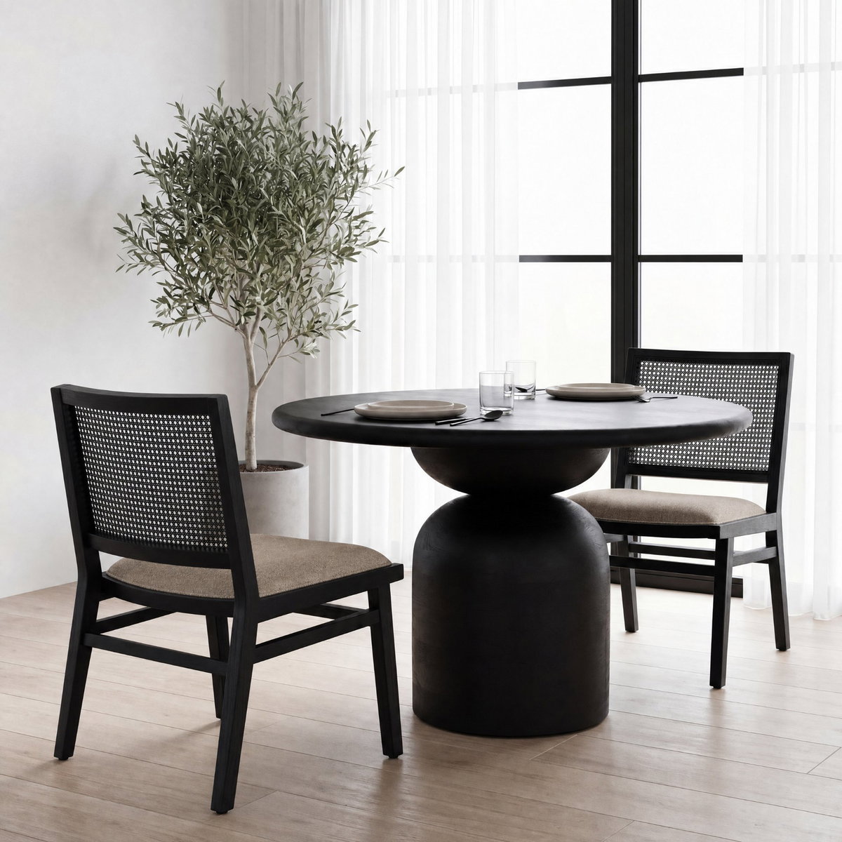 Wynn Cane Back Dining Side Chair | Beige Fabric with Black Wood, Dining Chair by Mercana, 20.47" length x 24.61" width x 34.06" height View 3