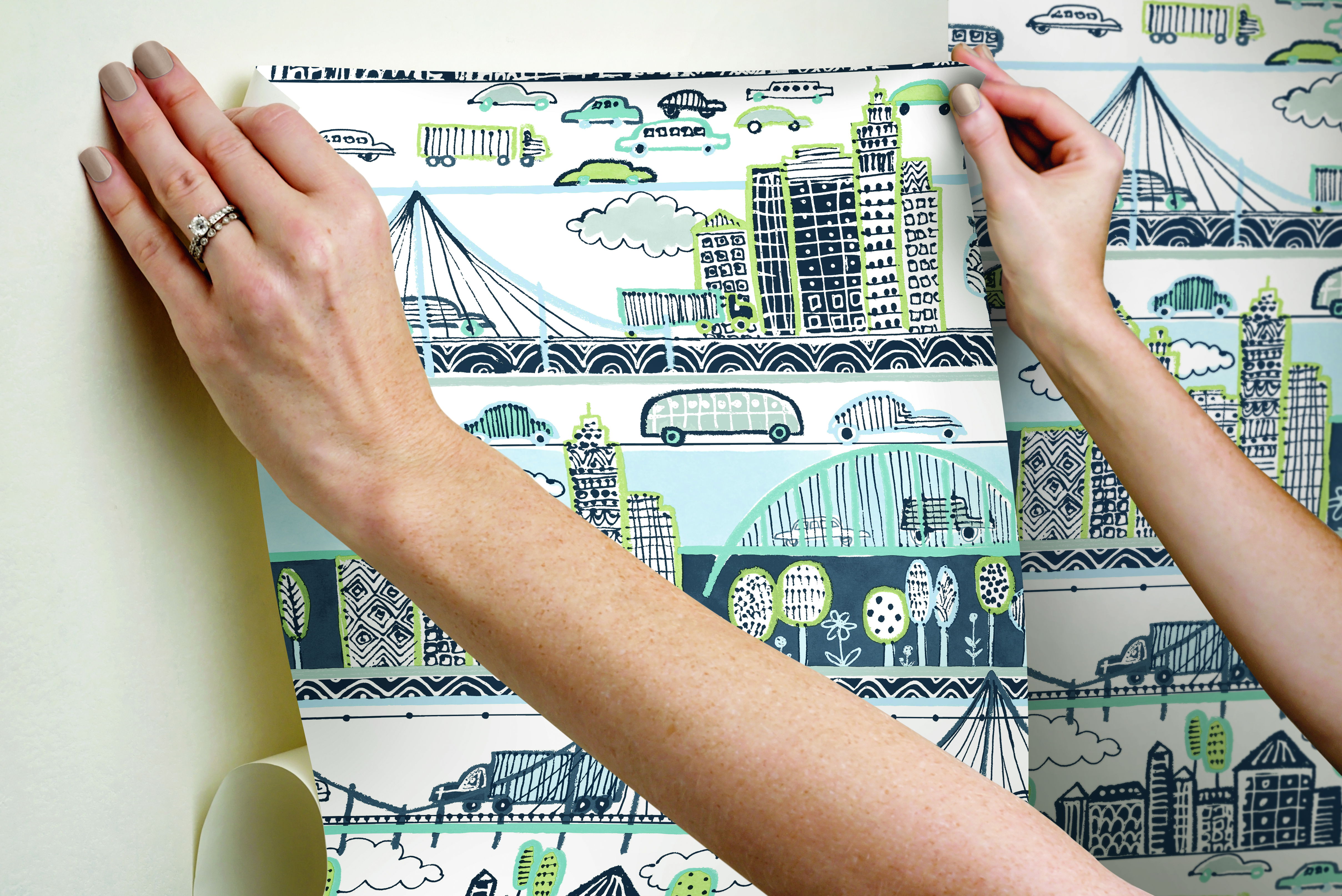 Urban Stripe Blue & Green Peel & Stick Wallpaper large image 