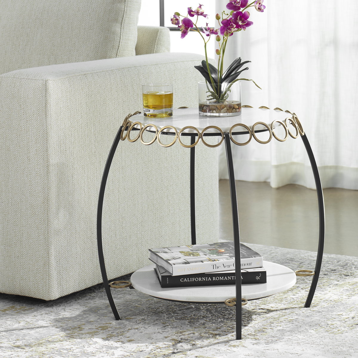 Chainlink White Marble Side Table, Furniture by Uttermost, 25.25" width x 21.75" height x 25.25" depth View 2